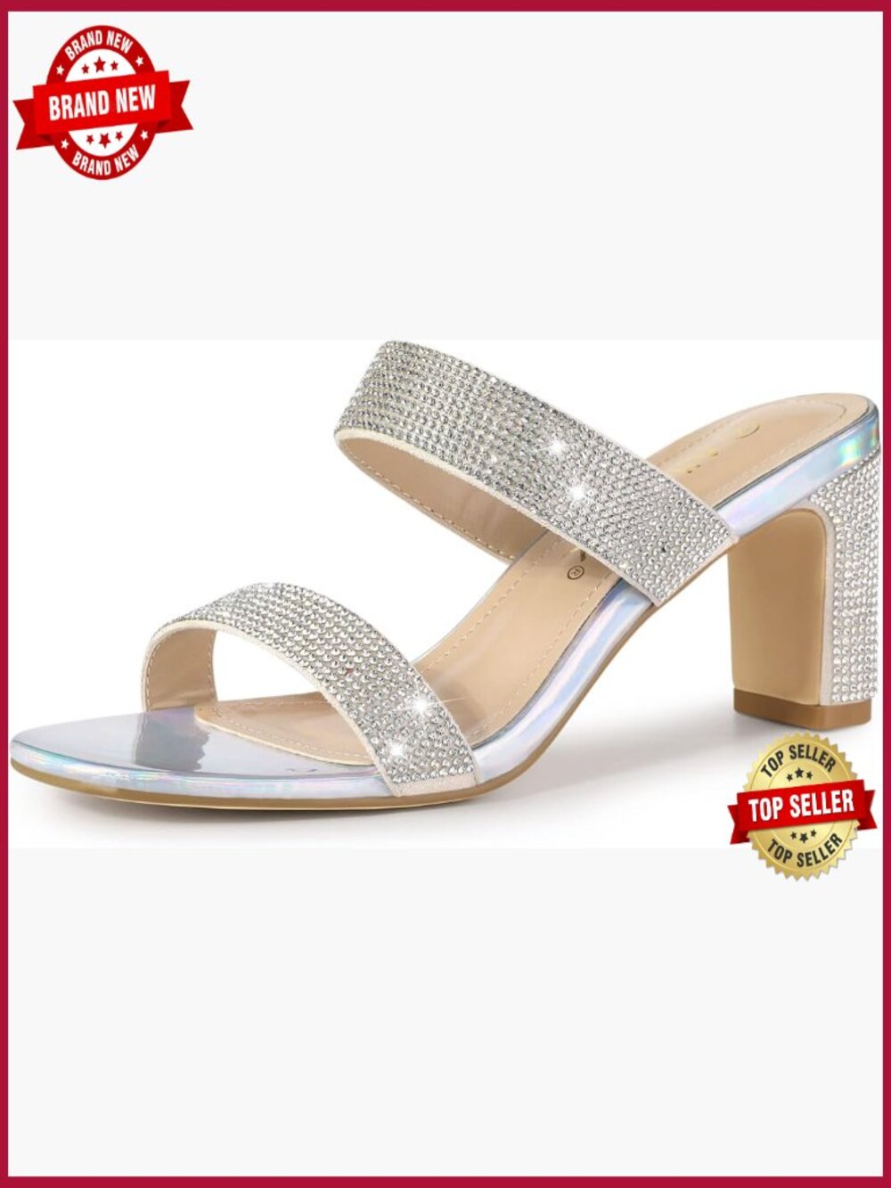 Rhinestone Chunky Heel Slide Sandals Open Toe Slip On Block Heel